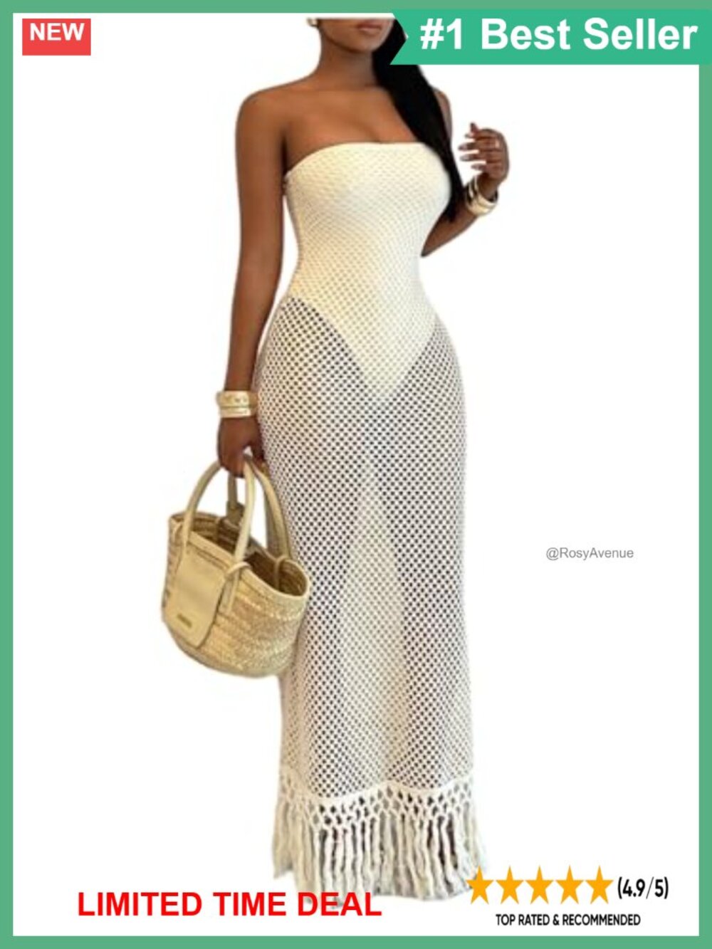 Crochet Fringe Maxi Dress Strapless Tube Beach Cover Up